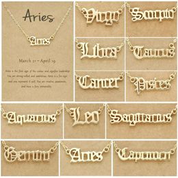 Zodiac Signs Letter Pendant Necklace for Women 12 Constellations Clavicle Chain Choker Necklaces Pack with Card