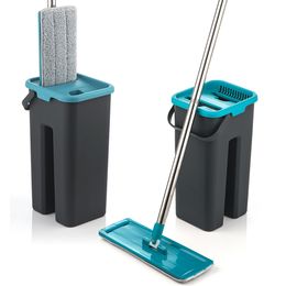 Flat Mop Bucket System Separates Dirty and Clean Water Hands Free Self Cleaning System Washable & Reusable Microfiber Pads 210317