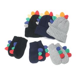 Boys Autumn Winter Cartoon Dinosaur Embroidered Knitted Hat Gloves Two-piece Set Kids Warm Kniited Beanies Gloves Mittens Sets