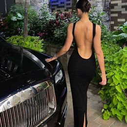 Sexy Backless Long Maxi Side Slit Dress Spring Summer Ladies Sex Solid Spaghetti StrapSleeveless Bodycon V-neck Evening Dress Y220214