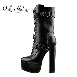 Boots Onlymaker Women Black Matte Platform Ankle Zip Booties Round Heels Fashion Heeled Metal Plates Buckle