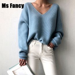 Autumn Women Blue V-neck Pullover Sweater Lazy oaf Loose Solid Colour Casual Sweater Oversize White Black Pullovers T200319