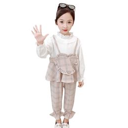 Children Clothes Plaid Blouse + Pants Children's For Girls Heart Pattern Outfit Teenage Tracksuit Kids 210528