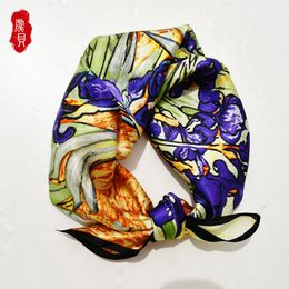 Van gogh painting natural scarf women Iris flower 100% real silk small 50cm square soft thin handkerchief gift for lady