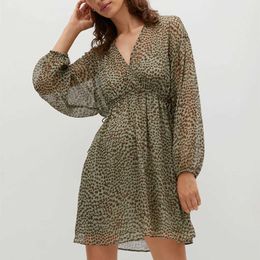 Za Leopard Print Mini Dress Women Wrap V Neck Long Puff Sleeve Fitted Waist Vintage Party Dresses Woman Pleated Vestidos 210602