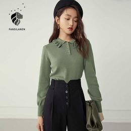 FANSILANEN Polo ruffle vitnage knitted sweater Women autumn winter long sleeve black pullover Female elegant green jumper top 210607