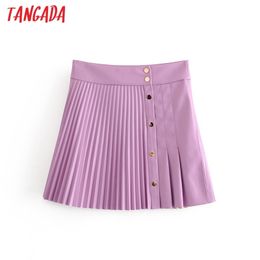 Tangada women faux leather pleated skirts faldas mujer buttons female purple elgant mini skirt QN52 210303