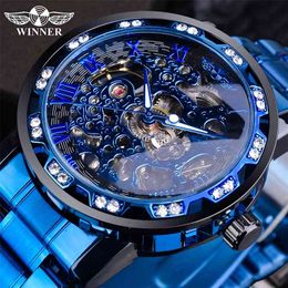 Winner Transparent Diamond Mechanical Watch Blue Stainless Steel Skeleton Watch Top Brand Luxury Business Luminous Male Clock 210804