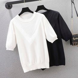 big size short sleeve T-shirt women's summer loose casual Diamond kint Oversized sweater fashion lace Summer pullover 210604