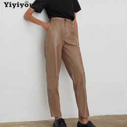 Yiyiyouni Autumn Winter High Waist Fleece PU Leather Pants Women Casual Faux Leather Trouser Women Pockets Straight Pants Female 211105