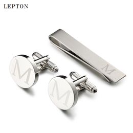 Round Cufflinks for ens Silver Colour Letters of alphabet Cuff links & Tie Clip Set Men Shirt Cuffs Button