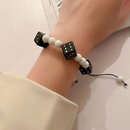 Beaded Strands Ghidbk Hip Hop Black Square Acrylic Dice Bracelets for Women White Resin Ball Thread String Rope Bracelet Adjustable