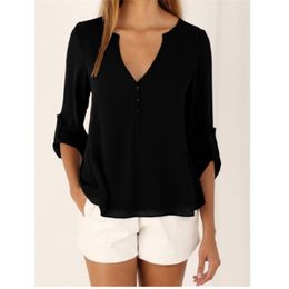 Women Shirts Summer Autumn Casual V-neck Chiffon Blouse Tops And s Long Sleeve Black White Ladies Shirt 210719