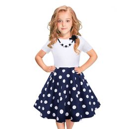 40# Kids Girls Vintage Dress Polka Dot Printing Princess Swing Rockabilly Party Dresses Summer Long Dresses Children's Clothing Q0716