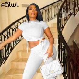 FQLWL Summer Streetwear Bodycon White 2 Two Piece Sets Women Outfits Knitted Bandage Crop Top Split Trousers Fitness Tracksuit Y0625
