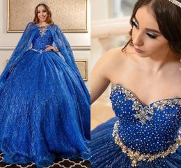 Bing Sequins Tulle Quinceanera Dresses With Wraps 2022 Strapless Crystal Beaded Corset Back Sweet 16 Dress Cape Ball Gowns Puffy
