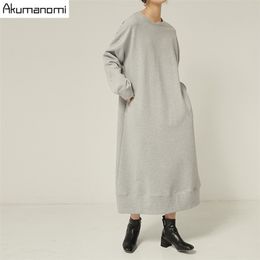 autunno primavera taglie forti abiti maxi da donna xxxl 4xl 5xl 6xl 7xl grigio o collo manica lunga abito casual autunnale con tasche 210303