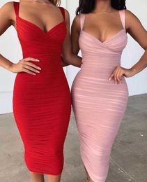 Women Sexy Fashion V Neck Mesh Ruched Red Pink Bandage Dress Elegant Midi Prom Celebrity Bodycon Party Vestido 210527