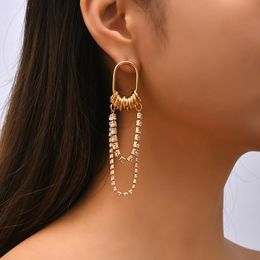 Creative Design Geometric Round Gold Colour Metal Drop Earrings For Women Fashion Bling Rhinestone Chain Dangle Earring Jewellery