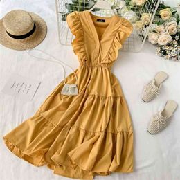 Women High Waist V-neck Ruffled Sleeveless A-line Dress Summer Fashion Ruffle Solid Color Vestidos J172 210527
