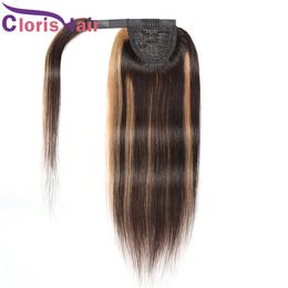 P4/27 Wrap Around Human Hair Ponytail Extensions Highlighted Blonde Coloured Raw Virgin Indian Straight Ponytail With Magic Paste For Black Women