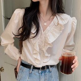 LY VAREY LIN Spring Autumn Women Single-breasted V-neck Shirt Sweet Stitching Tops Loose Long Sleeve Blouse 210526