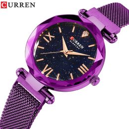 CURREN Women Party Watches Mesh Ladies Clock Magnet Buckle Starry Diamond Geometric Surface Fashion Clasp Dress Quartz Wristwatch Girl Lady Relogioes