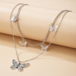 Pretty Butterfly Pendant Necklace for Women Vintage Silver Colour Multi-layer Tassel Alloy Metal Adjustable Jewellery