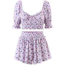 Purple Square Neck Flare Sleeve Blouse Women Crop Tops High Waist Floral Print Shorts Sweet Matching Sets Summer Girls Cute 210610