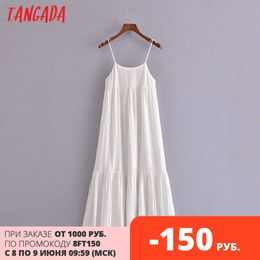 Tangada Women White Backless Long Dress Strap Adjust Bow Summer Lady Casual Maxi Dresses Vestido 3H282 210609