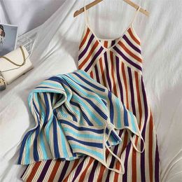 Sexy and Versatile Color Matching Striped Suspender Long Dress Summer Korean Style Knitted for Women 210529