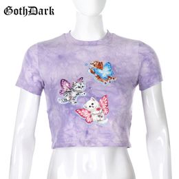 Dark E-girl Goth Sweet Cat Graphic Printed Summer T-shirts Short Sleeve O-neck Bodycon Crop Top Tees Purple Tie Dye Women Tops C0304