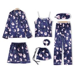 Spring Pyjamas Suit Women Satin Home Wear Print Flower Sleep Set With Pocket Intimate Lingerie Navy Blue Pyjamas Q0706