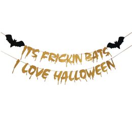 2.2m Halloween Banners Bat Flag Decor Red Glold Black Glitter Strings Festival Party Home hanging ornament Decorations