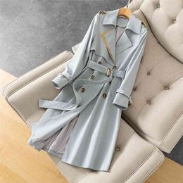 Korean Double Breasted Trench Coat Women Office Lady Notched Collar Full Sleeve Overcoat With Belt Elegant Long Chic Outerwear 210812