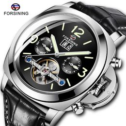 High Quality FORSINING Men Automatic Mechanical Watch Leather Strap Week Date Display Luminous Hands Wristwatches Q0902