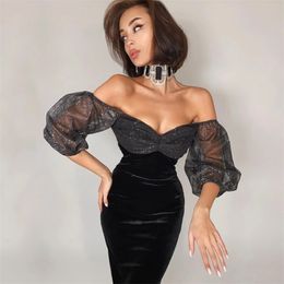 Arrivals Summer Sexy Short Sleeve Mesh Midi Evening Dress Women Fashion Patchwork Strapless Dresses 210527