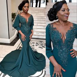 Sexy Arabic Aso Ebi Mermaid Prom Dresses Sheer V Neck Illusion Lace Appliques Crystal Beads Evening Dress Hunter Teal Formal Party Gonws Long Sleeves