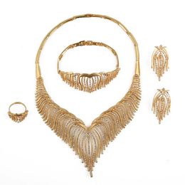Gold Colour Tassel Jewellery Sets For Women Bridal Luxury Necklace Earrings Bracelet Ring Indian African Wedding Gifts
