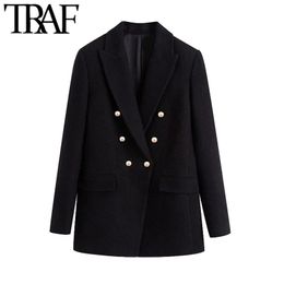 TRAF Women Fashion Office Wear Double Breasted Tweed Blazer Coat Vintage Long Sleeve Pockets Female Outerwear Chic Tops 210930