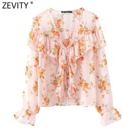 Zevity Women Sweet Pleated Ruffles V Neck Floral Print Casual Shirt Female Chiffon Blouse Roupas Chic Chemise Tops LS9076 210603