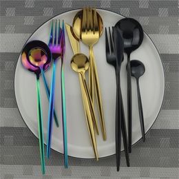 Gold Cutlery 32pcs Knife Fork Spoon 18/10 Stainless Steel Dinner Rainbow Dinnerware Western Kitchen Tableware Set 201019