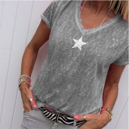 2021 Summer T Shirt Women Casual V-Neck T-shirts Female Short Sleeve Tops For Girls Grey Solid Top Femme Tee Shirt Femme 210315