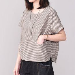 Summer New Arts Style Women Short Sleeve loose O-neck Tshirt cotton linen Striped Casual Tee Shirt Femme Tops Plus Size D500 210310