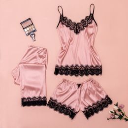 Women's Sleepwear Sexy Satin Pajama Set Black Lace V-Neck Pyjamas SleevelCute Cami Top and Shorts Sexy Lingerie Homewear #W X0526