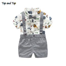 and Top Summer Toddler Baby Boy Gentleman Clothing Set Short Sleeve Printed Bow Tie Romper Shirt + Suspenders Shorts 210309