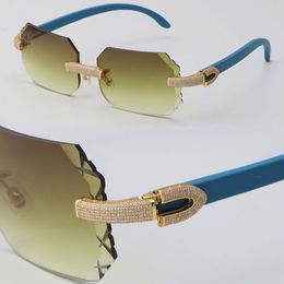 New Micro-paved Vintage wooden Rimless Luxury Diamond Set Sunglasses Blue Wood driving Sun Glasses Rocks Metal Frame Male and Female C Decoration 18K Gold Size:58-18