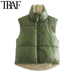 TRAF Women Fashion Double-Sided Wear Cropped Padded Waistcoat Vintage High Neck Adjustable Hem Female Vest Coat Mujer 210817