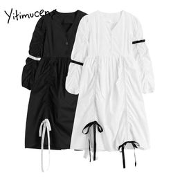 Yitimuceng Dresses Women Summer Bow Lace Up Mini High Waist V-Neck A-Line Solid White Black Korean Fashion Casual Dress 210601