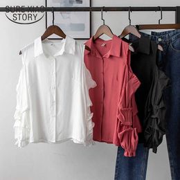 Korean Chic Early Spring Versatile Simple Lapel White Blouse Bubble Sleeve Off Shoulder Relaxed Straight Sleeve Shirt 13578 210528